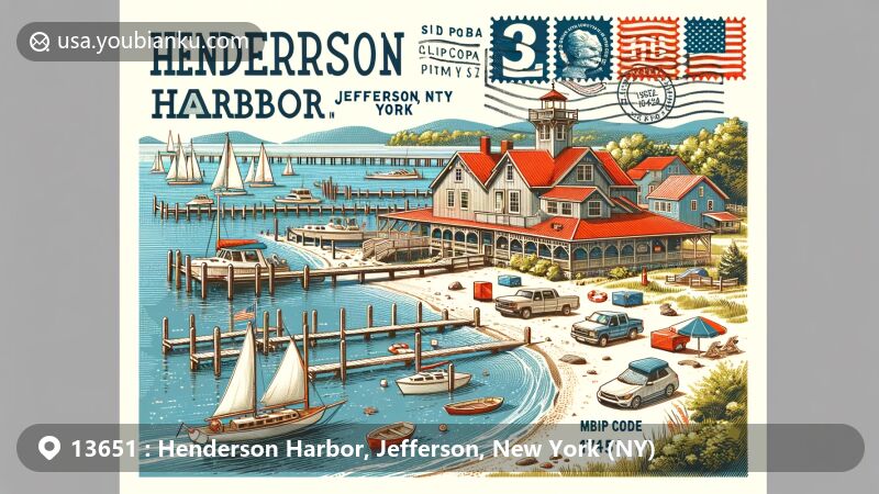 Modern illustration of Henderson Harbor, Jefferson County, New York, featuring ZIP code 13651, showcasing maritime village with deep-water port, sandy beaches, and landmark GillHouse.