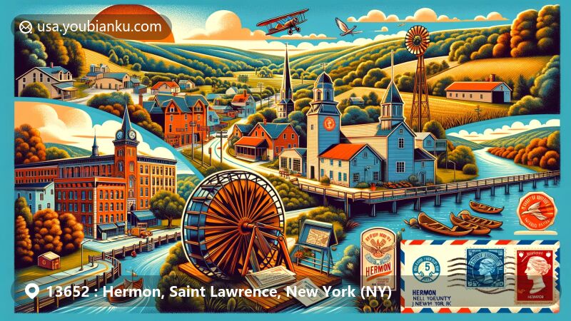 Modern illustration of Hermon, Saint Lawrence County, New York, blending scenic landscapes, local landmarks, and postal elements with a nod to the town's history, featuring vintage air mail design and 'Hermon, NY 13652' postmark.