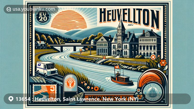 Modern illustration of Heuvelton, New York, highlighting postal theme with New York state flag, 'Heuvelton, NY 13654' postal mark, and vintage mailbox, featuring Oswegatchie River and Pickens Hall.