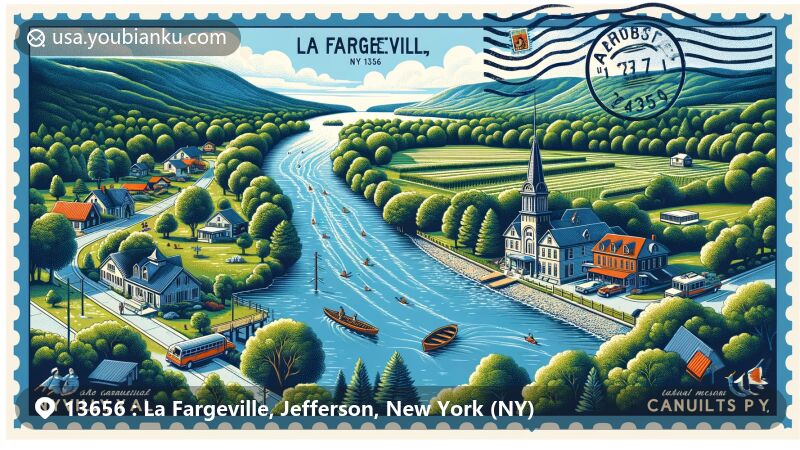 Modern illustration of La Fargeville, NY 13656, depicting natural beauty, cultural heritage, and postal elements, including Chaumont River and local landmarks, with a focus on outdoor activities.