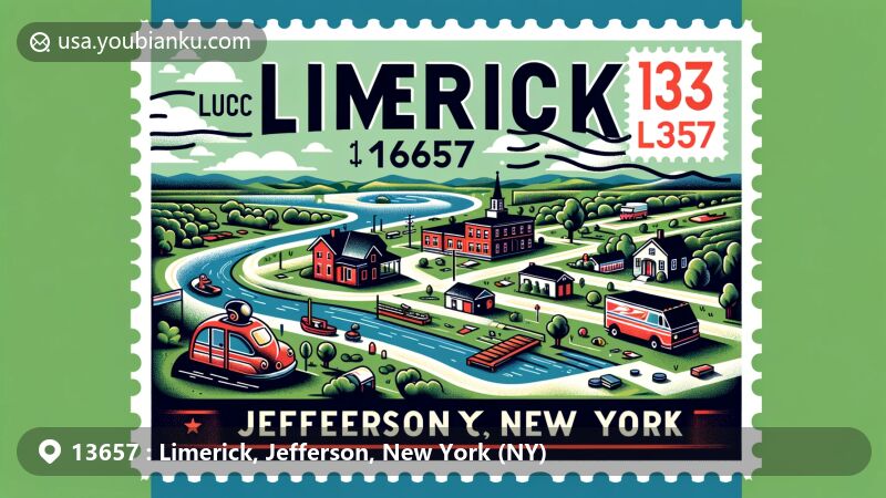 Modern illustration of Limerick area, Jefferson County, New York, showcasing postal theme with ZIP code 13657, featuring mail-related items and symbols representing local culture and geography.