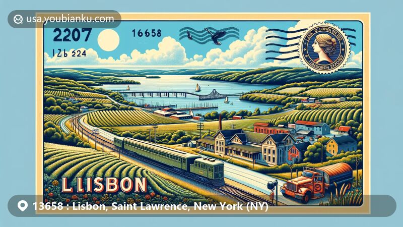 Vintage-style illustration of Lisbon, NY, featuring St. Lawrence River, Lisbon Railroad Depot, and postal symbols, set against a backdrop of fertile lands and Galop Island State Park, with postal theme showcasing ZIP code 13658.