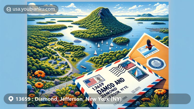 Modern illustration of Diamond Island, Jefferson County, New York, showcasing serene Thousand Islands region with NY state flag stamp and ZIP code 13659, featuring iconic air mail envelope and postmark.