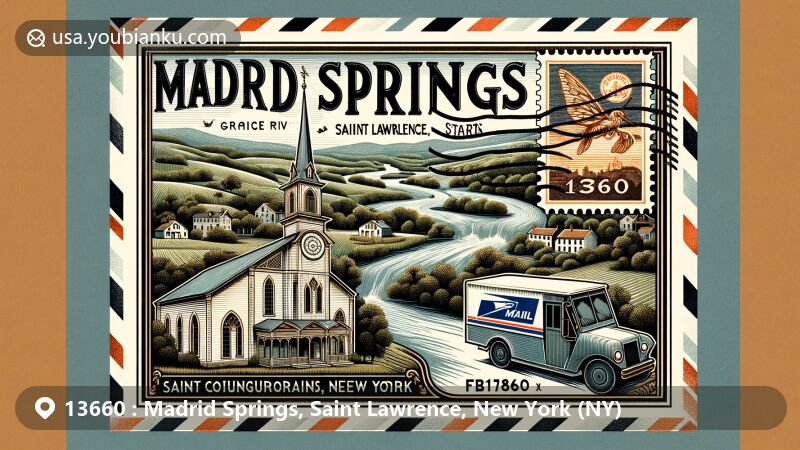 Modern illustration of Madrid Springs, Saint Lawrence County, New York, featuring Grasse River, First Congregational Church of Madrid, and rural landscape, with vintage air mail envelope symbolizing ZIP code 13660.