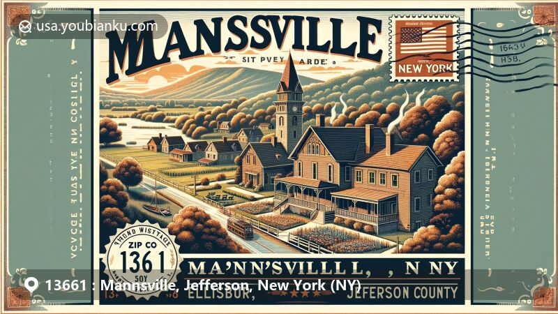 Modern illustration of Mannsville, Jefferson County, NY, showcasing Pierrepont Manor Complex and vintage postcard design with New York State flag postage, emphasizing the area's history and postal heritage.