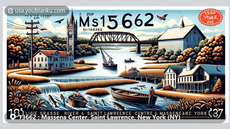 Modern illustration of Massena Center, Saint Lawrence, New York, showcasing agricultural heritage and Grasse River Meadowlands, featuring historical iron bridge, Union Hall, Celine G. Philibert Cultural Centre, Massena Museum, and fishing scene on St. Lawrence River.