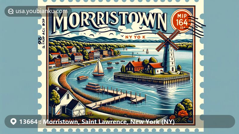 Modern illustration of Morristown, New York, showcasing St. Lawrence River, Black Lake, historical charm, and postal symbols, representing ZIP code 13664.