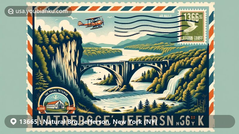 Modern illustration of Natural Bridge area in Jefferson County, New York, showcasing iconic limestone arch, Adirondack forest, Indian River, and historical figure Joseph Bonaparte, with vintage postal elements including stamp featuring limestone arch and air mail envelope edge design, highlighting ZIP code 13665.