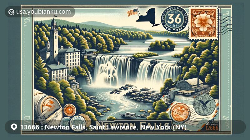 Modern illustration of Newton Falls, New York, in ZIP code 13666, depicting postcard theme with vintage air mail elements, Newton Falls natural beauty, including waterfalls and lush greenery, and symbolic Newton Falls Paper Mill, New York state flag, and Saint Lawrence county outline.