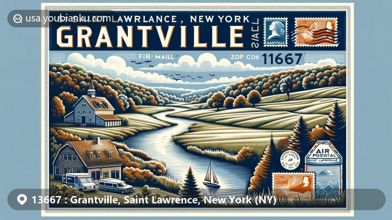 Modern illustration of Grantville, Saint Lawrence, New York, highlighting postal theme with ZIP code 13667, stamps, and postmark, showcasing lush trees, a peaceful creek, and the serene countryside of upstate New York.