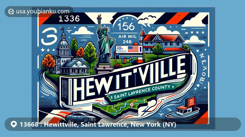 Modern illustration of Hewittville, Saint Lawrence County, New York, capturing postal theme with ZIP code 13668, including New York State flag, Statue of Liberty, and key postal elements.