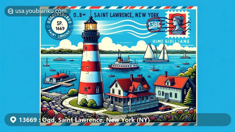 Modern illustration of Ogdensburg, Saint Lawrence, New York, featuring iconic Ogdensburg Harbor Lighthouse, St. Lawrence Iroquoians, and Fort de La Présentation, blended with vintage postal elements and ZIP code 13669.