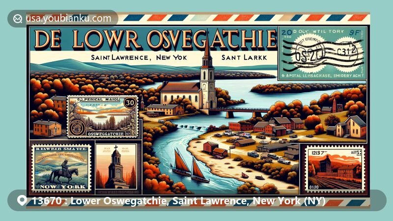 Modern illustration of Lower Oswegatchie, Saint Lawrence, New York, featuring postal theme with ZIP code 13670, showcasing Oswegatchie River, French missionary and Native American heritage, and vintage air mail envelope design.