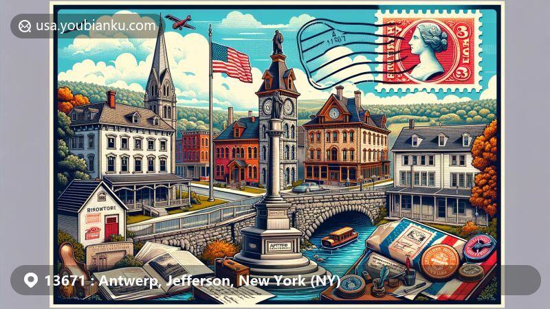 Modern illustration of the historic district in Antwerp, Jefferson, New York (NY), showcasing Federal and Mid 19th Century Revival style buildings, stone arch bridge, and memorial park with monument, in a vintage postcard format with New York State flag and classic postal elements.