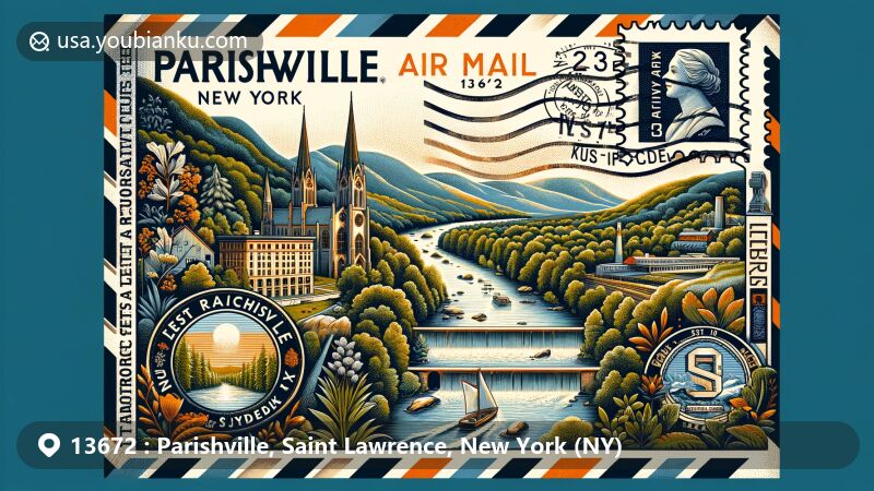 Modern illustration of Parishville, St. Lawrence County, New York, showcasing ZIP code 13672 with air mail envelope design, featuring stamps and postal marks representing the area. Background includes West Branch of St. Regis River and Adirondack Park, highlighting timber industry and hydroelectric power history.