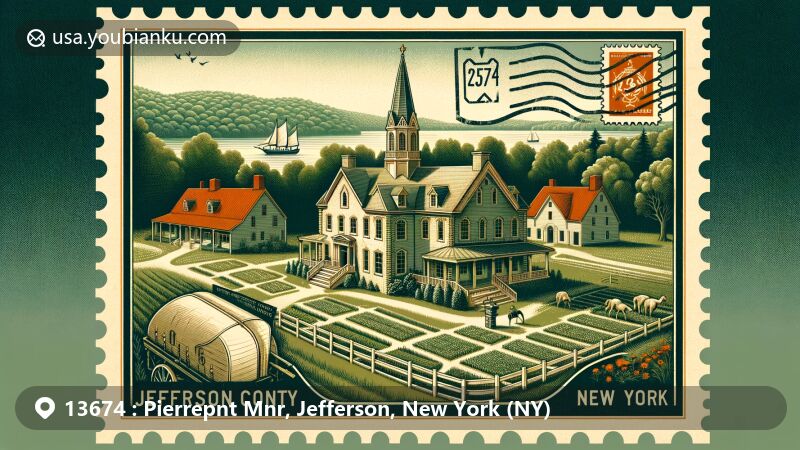 Modern illustration of Pierrepont Manor Complex in the 13674 ZIP code area, showcasing historical buildings like manor house, carriage barn, land office, Zion Episcopal Church, and natural beauty of Jefferson County with New York state outline. Postal theme with vintage postage stamp displaying zip code 13674.