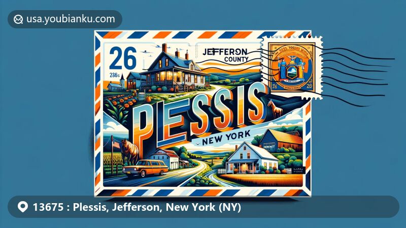 Modern illustration of Plessis, Jefferson County, New York, portraying postal theme with ZIP code 13675, featuring New York State Route 26, historic post office, and rural community ambiance.