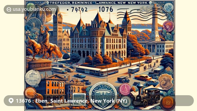 Modern illustration of Eben, Saint Lawrence, New York (NY), showcasing postal theme with ZIP code 13676, featuring Singer Castle, Frederic Remington Art Museum, Market Street Historic District, and SLC Arts.