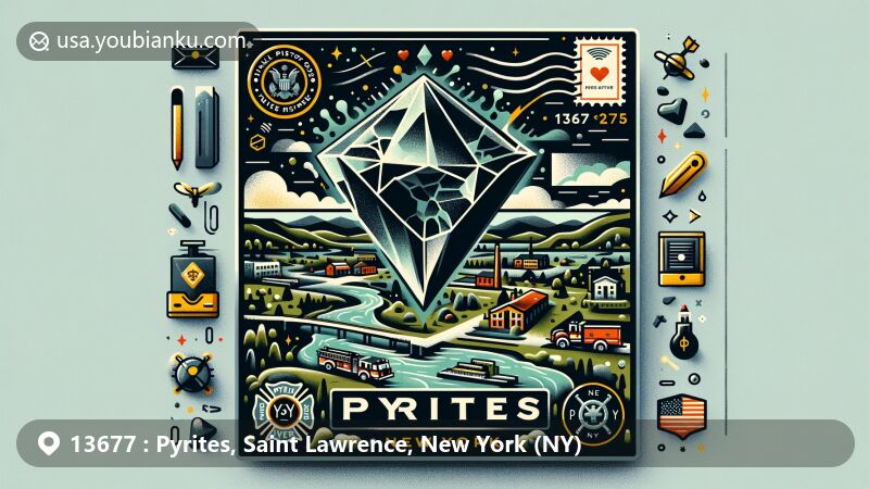 Modern illustration of Pyrites, New York, capturing the essence of its natural features and community elements within a postal theme, featuring a stylized pyrite crystal and Grasse River silhouette, symbolic of the area's mineral history and geography.
