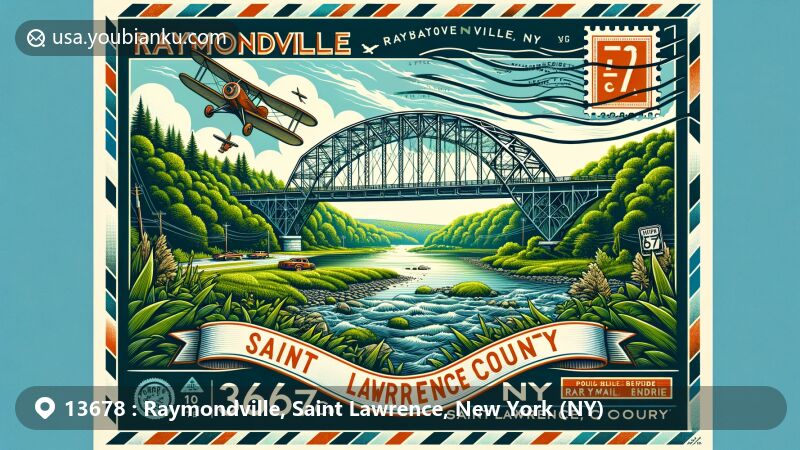 Modern illustration of Raymondville, Saint Lawrence County, New York, with iconic Raymondville Parabolic Bridge and lush greenery along Raquette River, creatively framed within an air mail envelope, showcasing postal theme with ZIP code 13678.