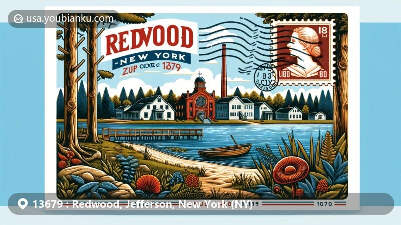 Modern illustration of Redwood, Jefferson County, New York, showcasing small-town charm with Mud Lake, Butterfield Lake, and historic Redwood Glass factory established in 1833 by John S. Foster. Postcard design integrates postal elements, highlighting ZIP Code 13679.