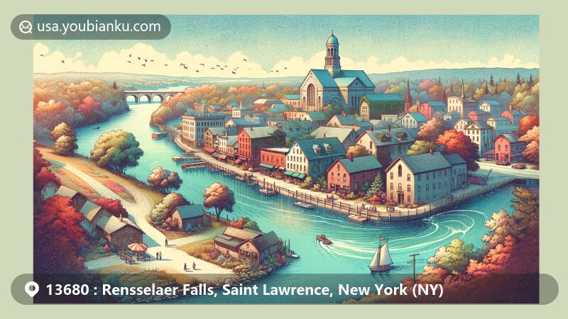 Modern illustration of Rensselaer Falls, Saint Lawrence County, New York, depicting village along Oswegatchie River with natural canal and local wildlife, reflecting history and potential as nature destination.