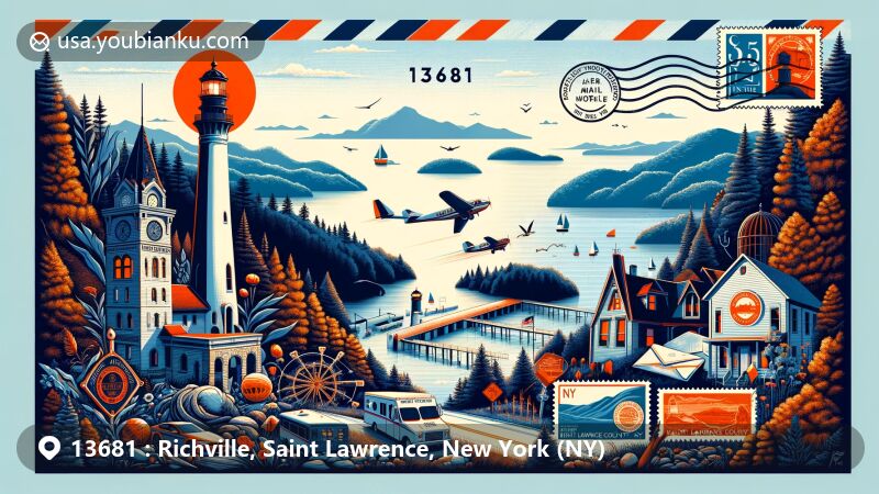 Modern illustration of Richville, Saint Lawrence County, New York, featuring postal theme with ZIP code 13681, showcasing Crossover Island Light Station, Singer Castle, and Robert Moses State Park against the backdrop of the Adirondack Mountains and the Saint Lawrence River.