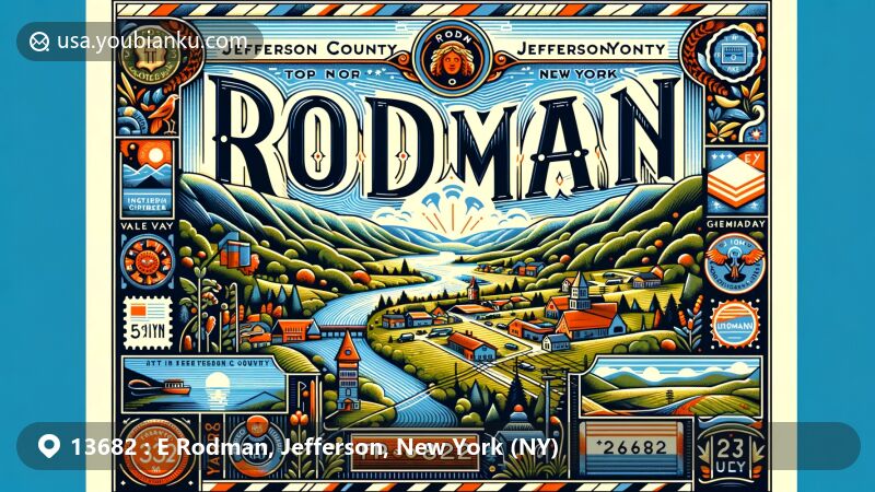 Modern illustration of Rodman town, Jefferson County, New York, highlighting geographic elements like Sandy Creek valley and Tug Hill Plateau, featuring local flora and fauna, history, and community connections, set in an airmail envelope with postal theme and ZIP code 13682.