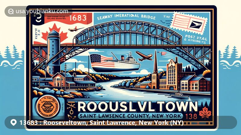 Modern illustration of Rooseveltown, Saint Lawrence County, New York, showcasing Seaway International Bridge connecting the US and Canada, Raquette River, and postal theme with ZIP code 13683, featuring vintage airmail envelope, postage stamp, and postal markings.