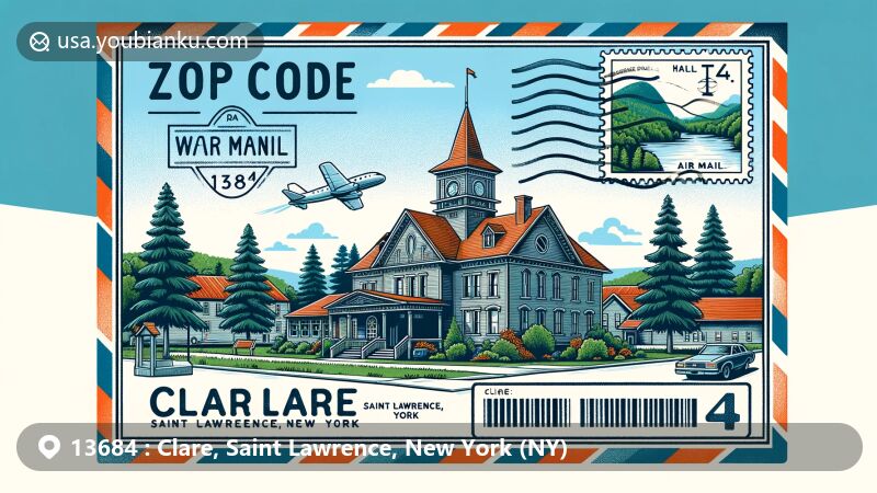 Modern illustration of Clare, Saint Lawrence, New York, showcasing postal theme with ZIP code 13684, featuring Clare Town Hall and Adirondack Park elements, celebrating local history and nature.