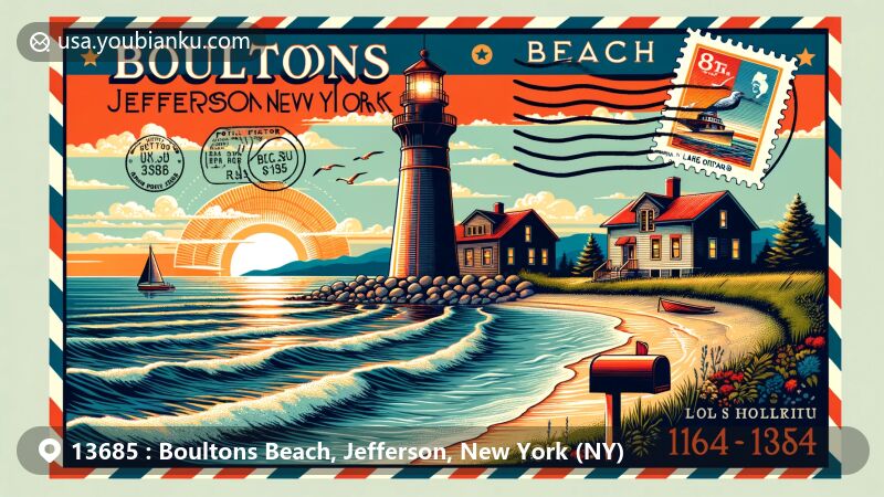 Modern illustration of Boultons Beach, Jefferson, New York, showcasing postal theme with ZIP code 13685, featuring Lake Ontario scenery and sunset backdrop.