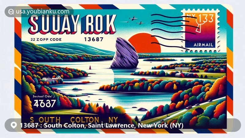 Vibrant postcard design of South Colton, Saint Lawrence, New York (NY), featuring Sunday Rock, Raquette River, and postal elements, ideal for webpage use.