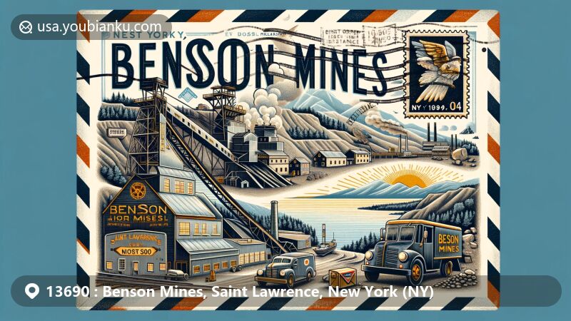 Modern illustration of Benson Mines, St. Lawrence County, New York, featuring historic iron-ore mining scene, Adirondack Mountains backdrop, and vintage airmail theme with 'Benson Mines, NY 13690' postage stamp and postmark.