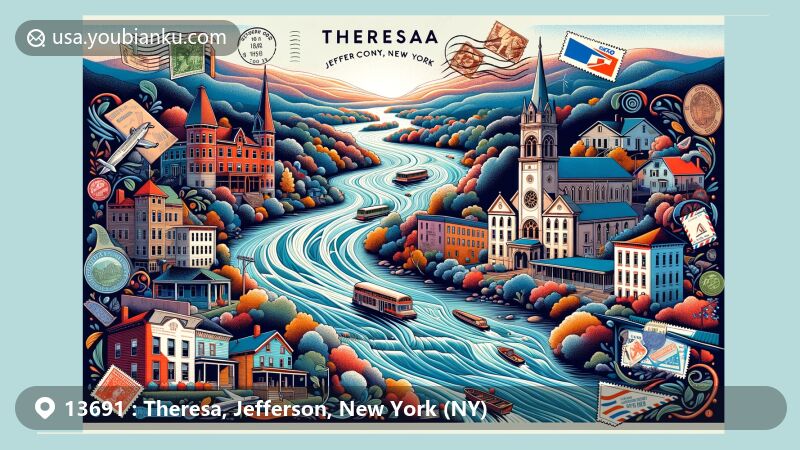 Modern illustration of Theresa, Jefferson County, New York, featuring postcard or air mail envelope design with Indian River backdrop, showcasing town's history, resilience, and postal theme.