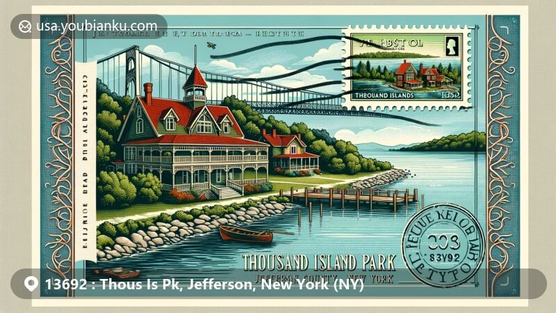 Illustration of Thousand Island Park, Jefferson County, NY, showcasing historic resort architecture and natural beauty, featuring Carpenter Gothic Revival style cottages, Thousand Islands Bridge, and Lake of the Isles, with postal elements like vintage postcard design and ZIP code 13692.