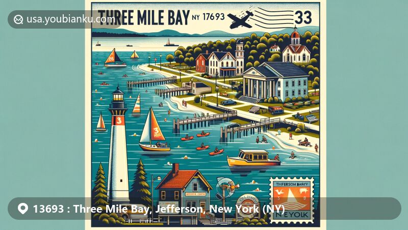 现代插图呈现了纽约州杰斐逊县Three Mile Bay地区的地域特色和邮政元素，展示了美丽的水域社区和历史建筑群，如希腊复兴和意大利式风格的教堂、牧师住宅、会所和学校，体现了丰富的历史、自然和休闲活动。画面前景是一封风格化的航空信封，展示了Three Mile Point灯塔的邮票和“Three Mile Bay, NY 13693”的邮戳，以及其他邮政符号。