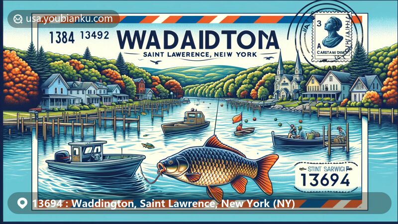 Modern illustration of Waddington, Saint Lawrence, New York, featuring postal theme with ZIP code 13694, highlighting 'World Carp Capital' and Coles Creek State Park's outdoor activities like boating, fishing, and hiking.
