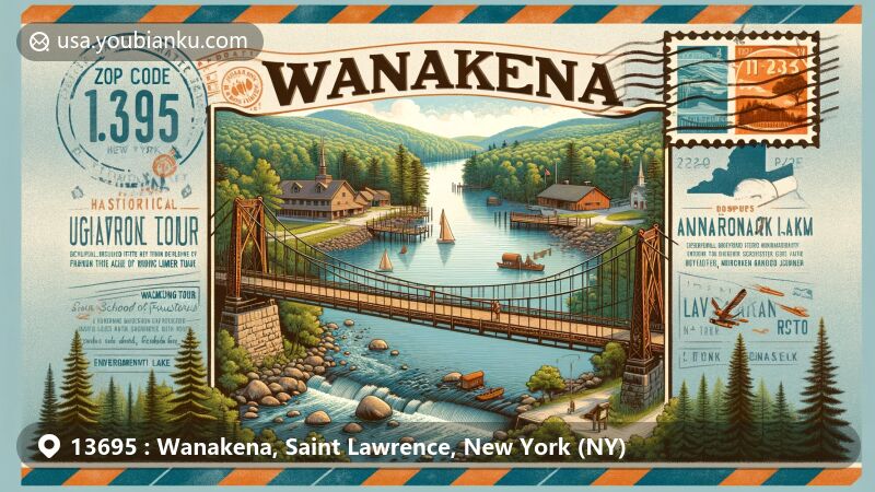 Modern illustration of Wanakena, New York, featuring historic Wanakena Footbridge and Adirondack wilderness, integrating lumber industry history and modern community life, framed in airmail envelope with ZIP code 13695.