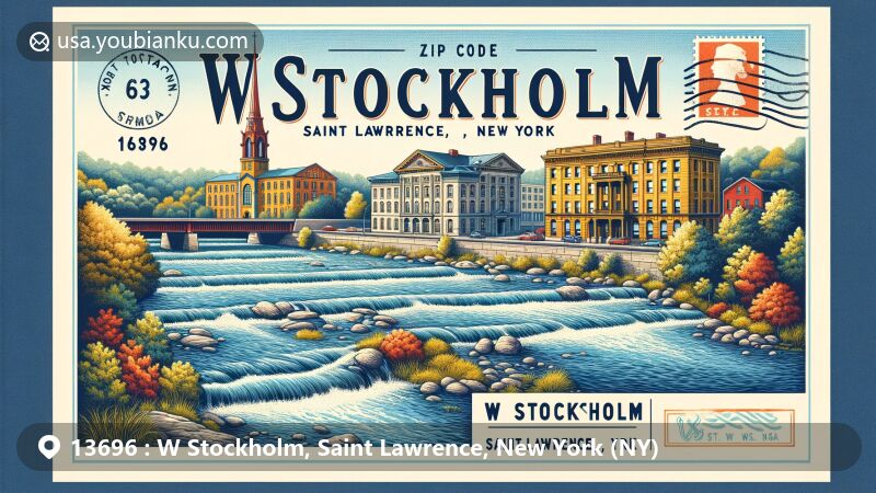 Modern illustration of W Stockholm, Saint Lawrence County, NY, highlighting historic architectural styles, including Greek Revival, Italianate, and Federal, along with the St. Regis River.