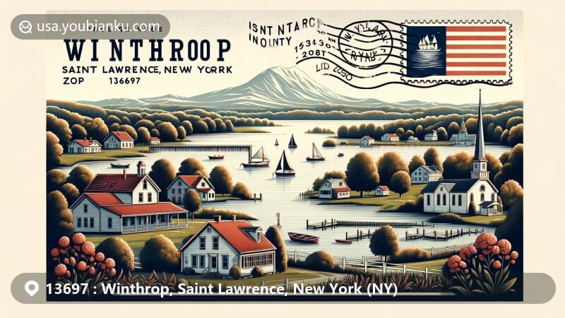Modern postcard design of Winthrop, Saint Lawrence, New York, showcasing rural charm with local community and natural symbols, featuring New York state flag and ZIP code 13697.