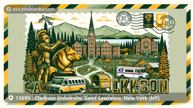 Modern illustration of Clarkson University in Saint Lawrence County, New York, blending iconic architecture, Adirondack Park's natural scenery, 'Golden Knights' mascot, and green & gold colors in a postal-themed design with ZIP Code 13699 and postal elements.