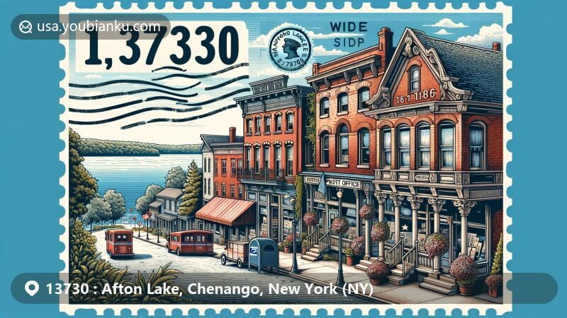 Modern illustration of Main Street Historic District in Afton Lake area, Chenango County, New York, showcasing 19th-century commercial architecture and postal heritage with vintage post office facade, old-fashioned postal carriage, and ZIP Code 13730 stamp.