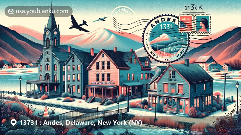 Modern illustration of Andes, New York, combining postal elements with Catskill Mountains backdrop, showcasing historic district and creative postal stamp with ZIP code 13731.