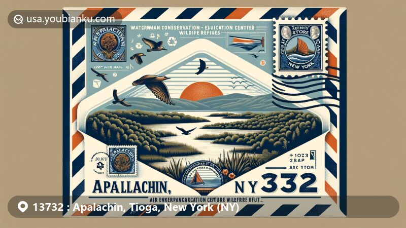 Modern illustration of Apalachin, New York, blending enchanting nature with postal elements, featuring Waterman Conservation Education Center Wildlife Refuges and showcasing a vintage airmail envelope with a New York state flag stamp, highlighting postal code 13732.