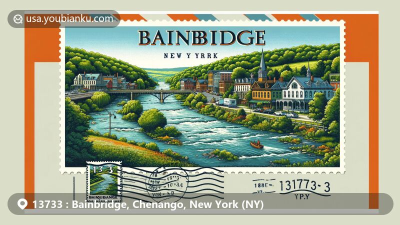 Modern illustration of Bainbridge, New York, featuring postal theme with ZIP code 13733, showcasing Susquehanna River and historic architecture from Bainbridge Historic District.