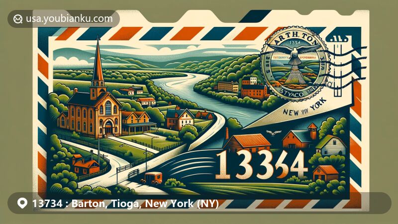 Modern illustration of Barton, Tioga, New York, showcasing postal theme with Susquehanna River, Emory Chapel, and vintage air mail envelope, featuring New York state flag.