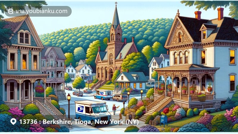 Modern illustration of Berkshire Village Historic District, Tioga County, New York, featuring Federal, Greek Revival, Italianate, Victorian Gothic, and Queen Anne architectural styles, natural beauty, and postal theme.
