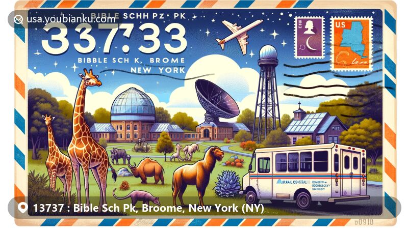 Modern illustration of Bible Sch Pk, Broome County, New York, showcasing Animal Adventure Park with giraffes, zebras, kangaroos, camels, and lemurs, Kopernik Observatory and Science Center with telescopes under starry night sky, and Cutler Botanic Garden with diverse plants and tranquil garden landscape.