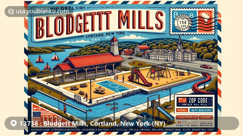 Modern illustration of Blodgett Mills Park in ZIP code 13738, Cortland, New York, featuring recreational facilities and a hint of historical charm within a postal-themed design.