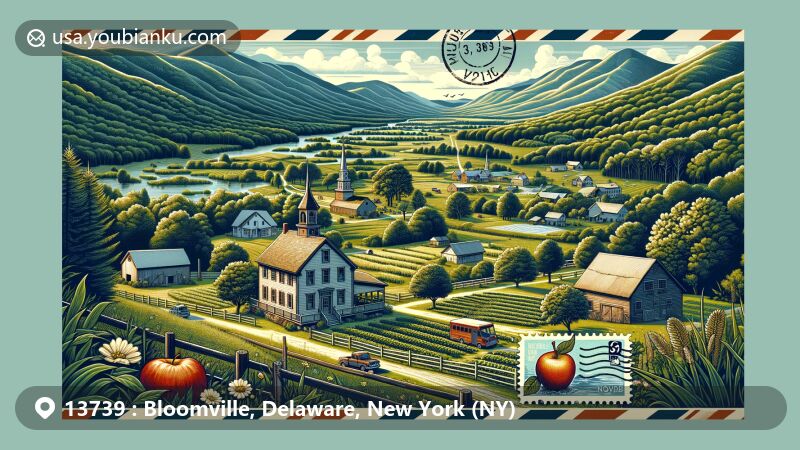 Modern illustration of Bloomville, Delaware County, New York, featuring Catskill Mountains backdrop and outdoor activities like hiking, biking, skiing, and fishing, showcasing Mark's Good Apples Farm with 1790's farmhouse and post and beam barn.